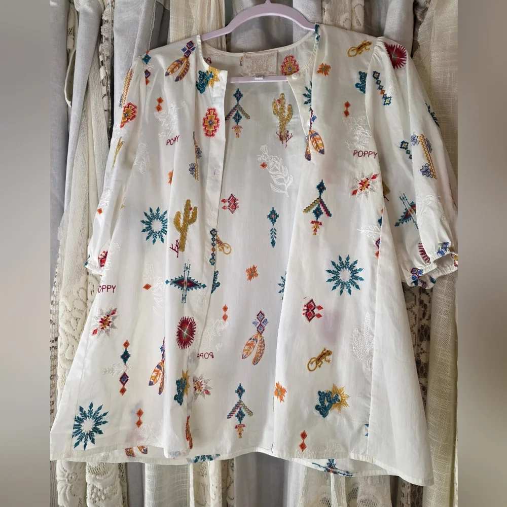Johnny Was Southwestern Embroidered Top Western Cactus Puff Sleeve S